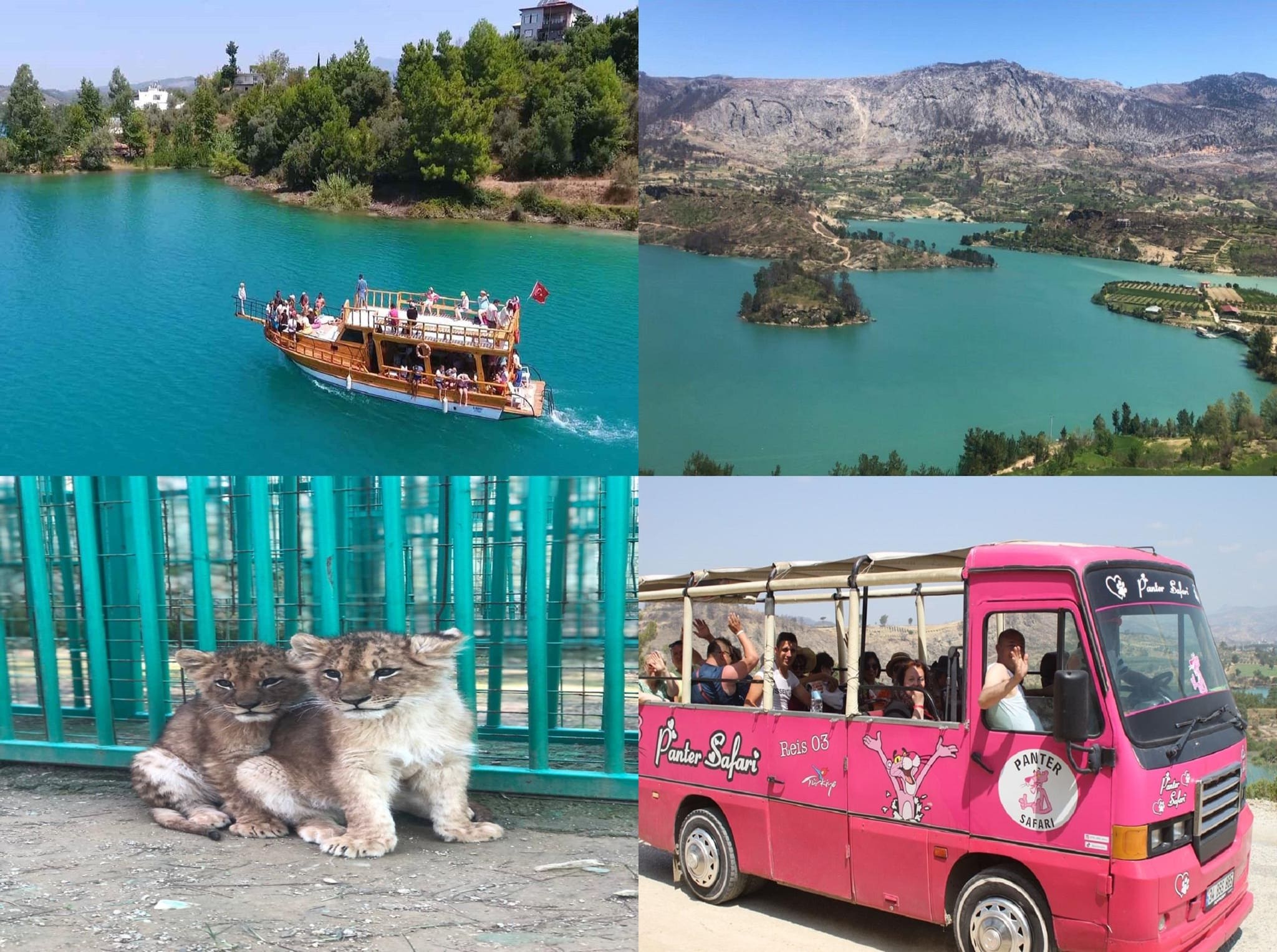 Green Lake Antalya boat tour in Green Canyon with emerald-green waters, mountain cliffs, and tourists enjoying nature by Cabrio Bus safari