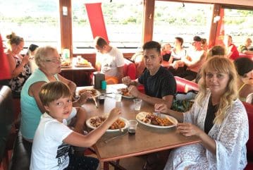 Family having BBQ lunch on Alanya pirate ship tour with sea view